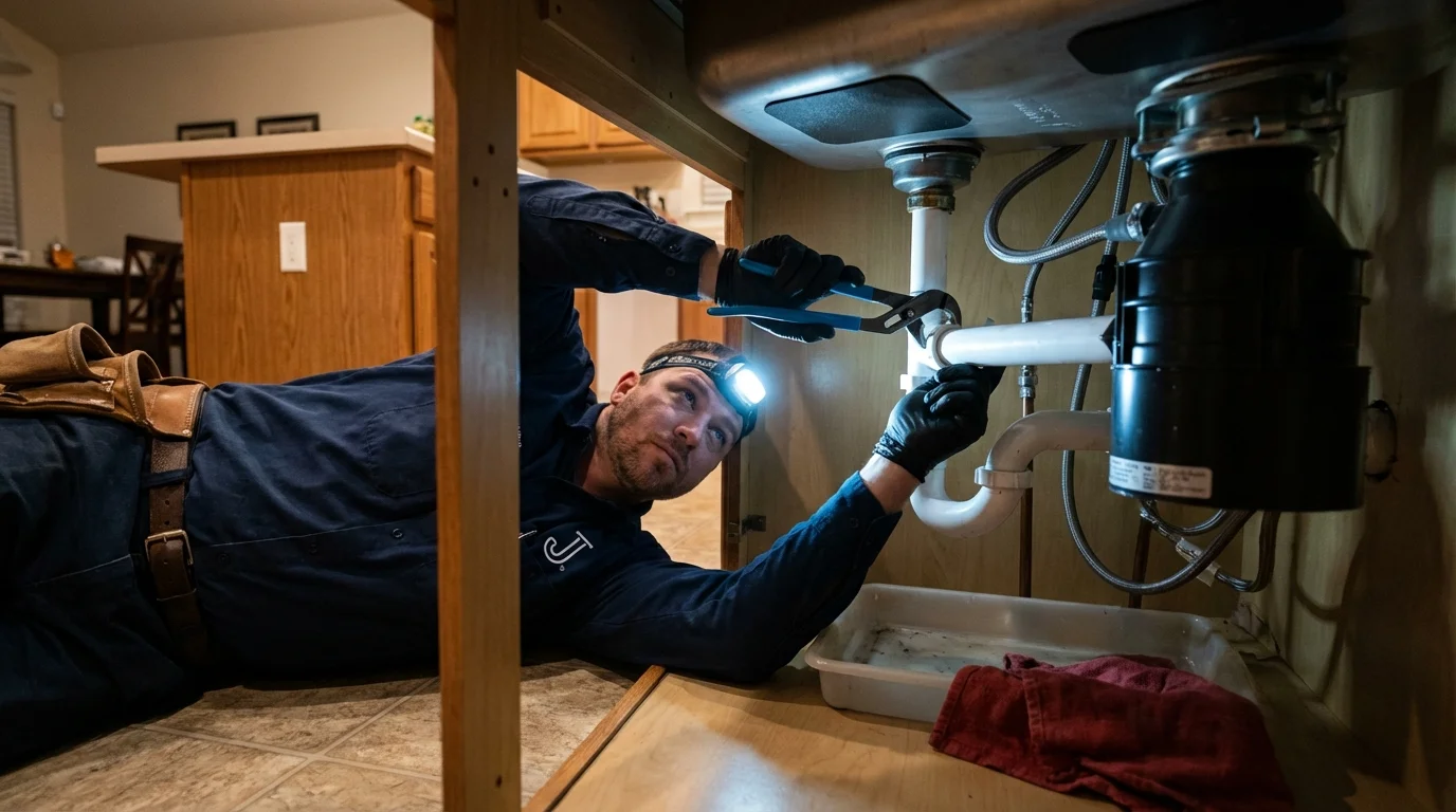 P-trap and supply line connections under a kitchen sink showing a common leak point in Crawfordville, FL